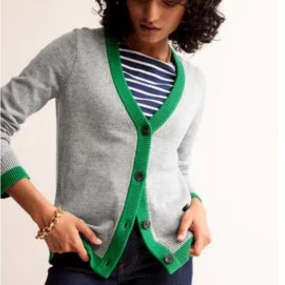 Boden Sweaters - BODEN Alma Contrast Trim Cardigan Gray Green Women's Large Preppy
